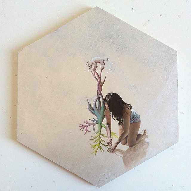 The sound of pulling up a mandrake can drive a person insane. To avoid this fate, tie a dog to the plant to pull it up for you #lovespellsforathief #magicspell #spell #tree #dogpainting #puppy #figurepainting #oilpainting #hexagon